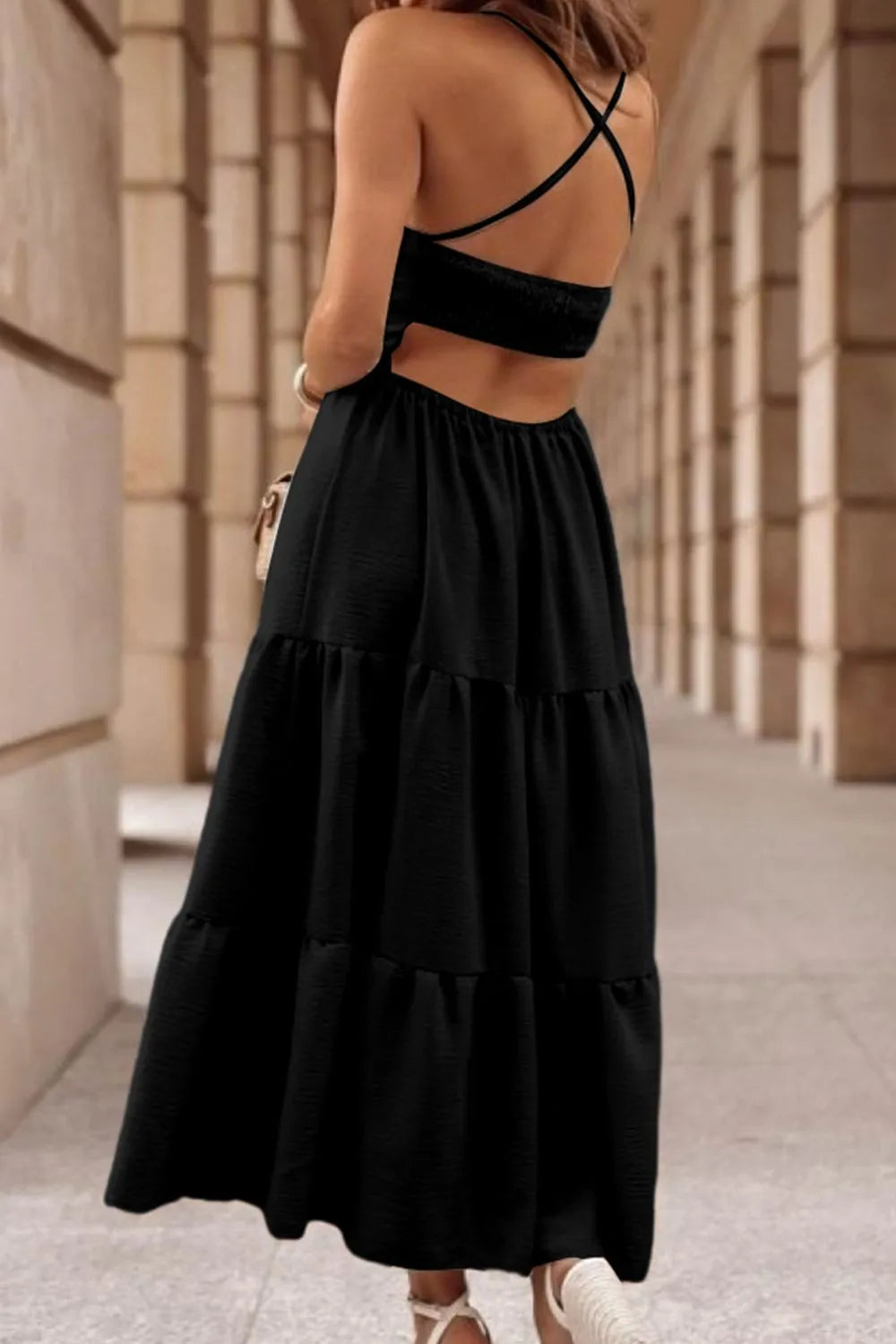 Crisscross Spaghetti Strap Tiered Dress