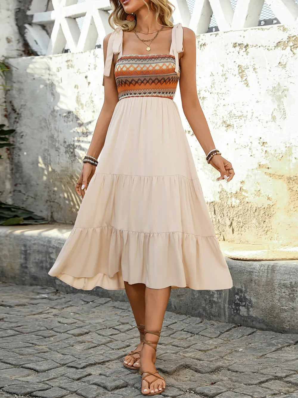 Tiered Tie-Shoulder Midi Dress