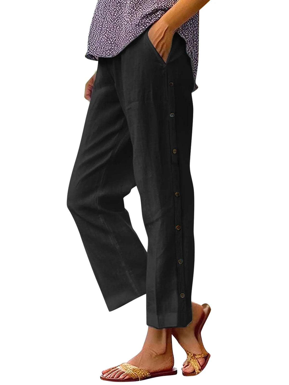 Side Button Wide Leg Pants, Plus Size