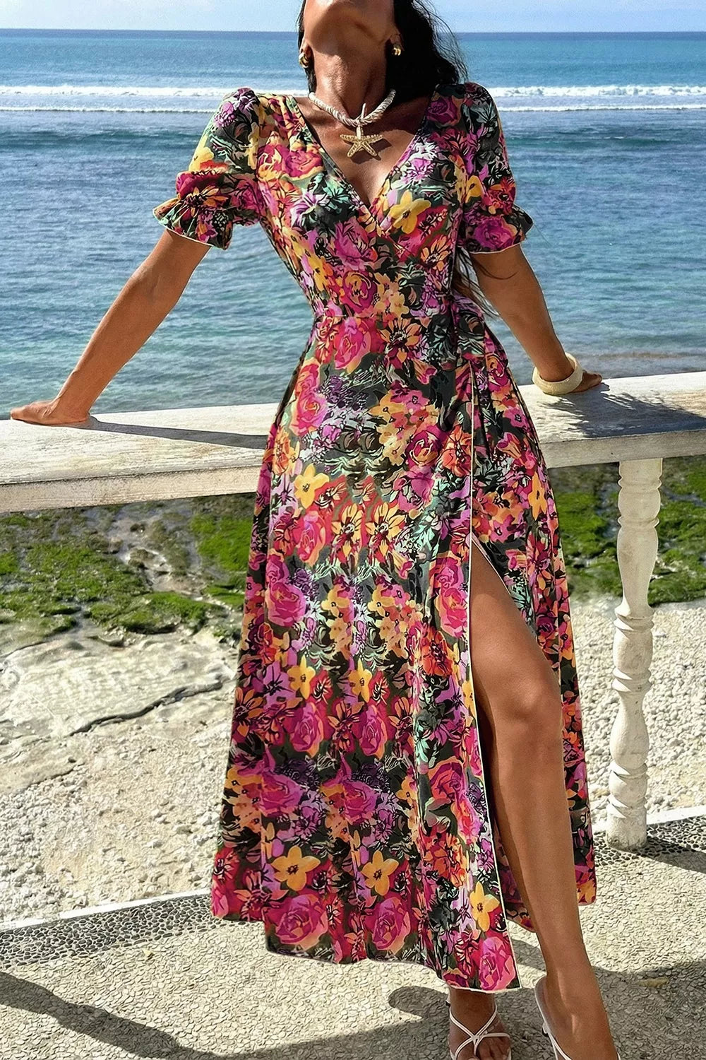 Floral Short-Sleeve Maxi Dress with Tie Detail