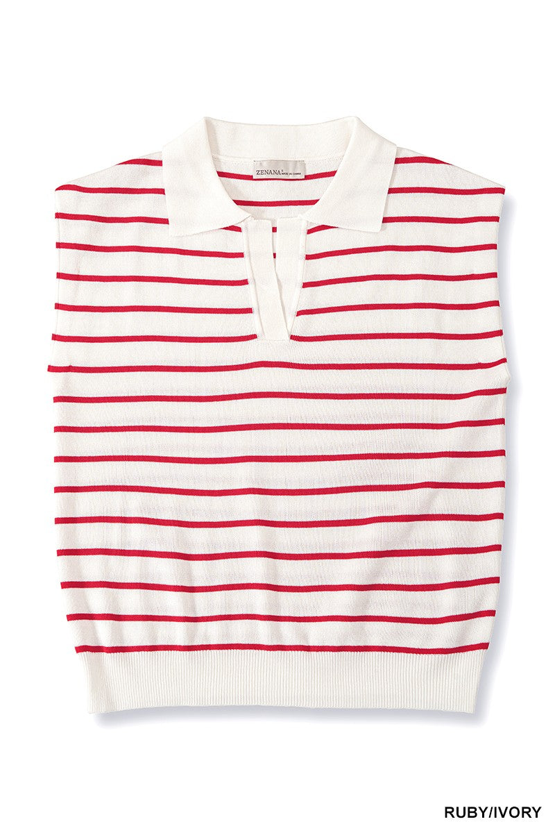 Zenana Striped Collared Sweater Vest in Ruby & Ivory in Ruby/ivory
