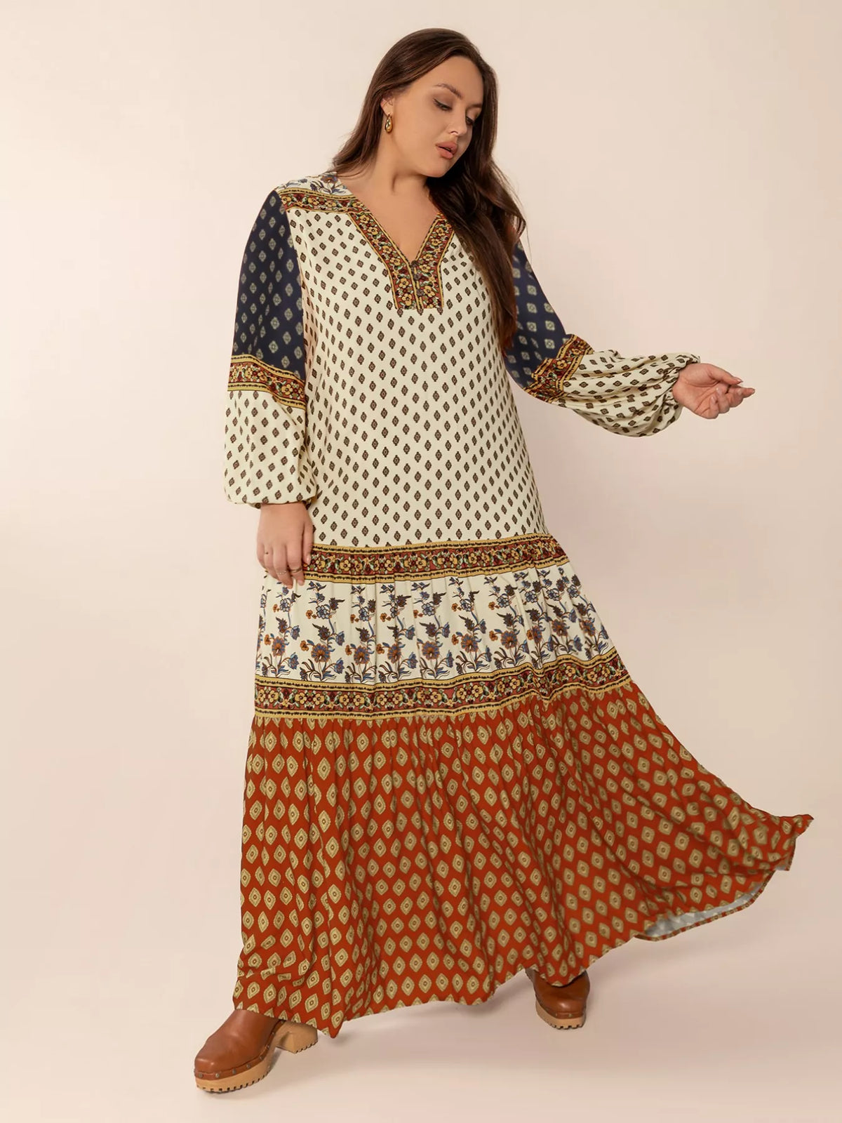 Notched Balloon-Sleeve Maxi Dress in Caramel