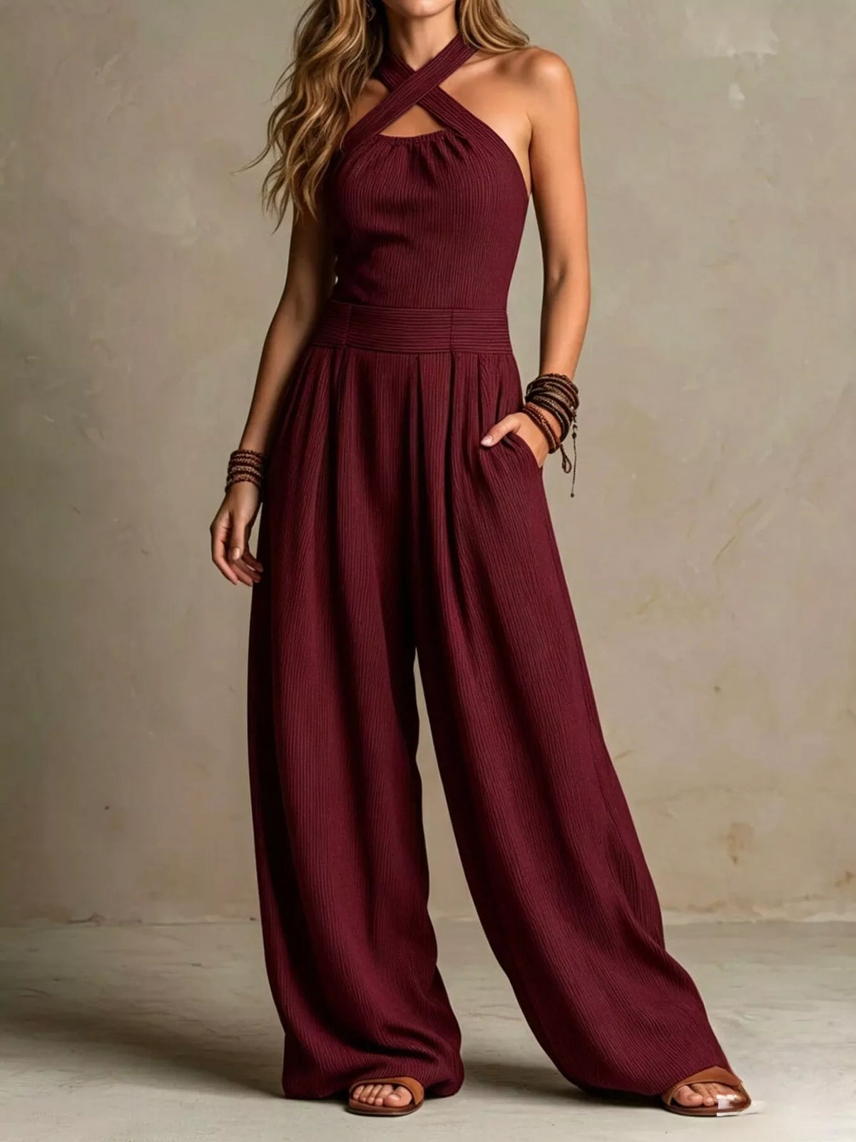 Halter Wide-Leg Jumpsuit with Pockets