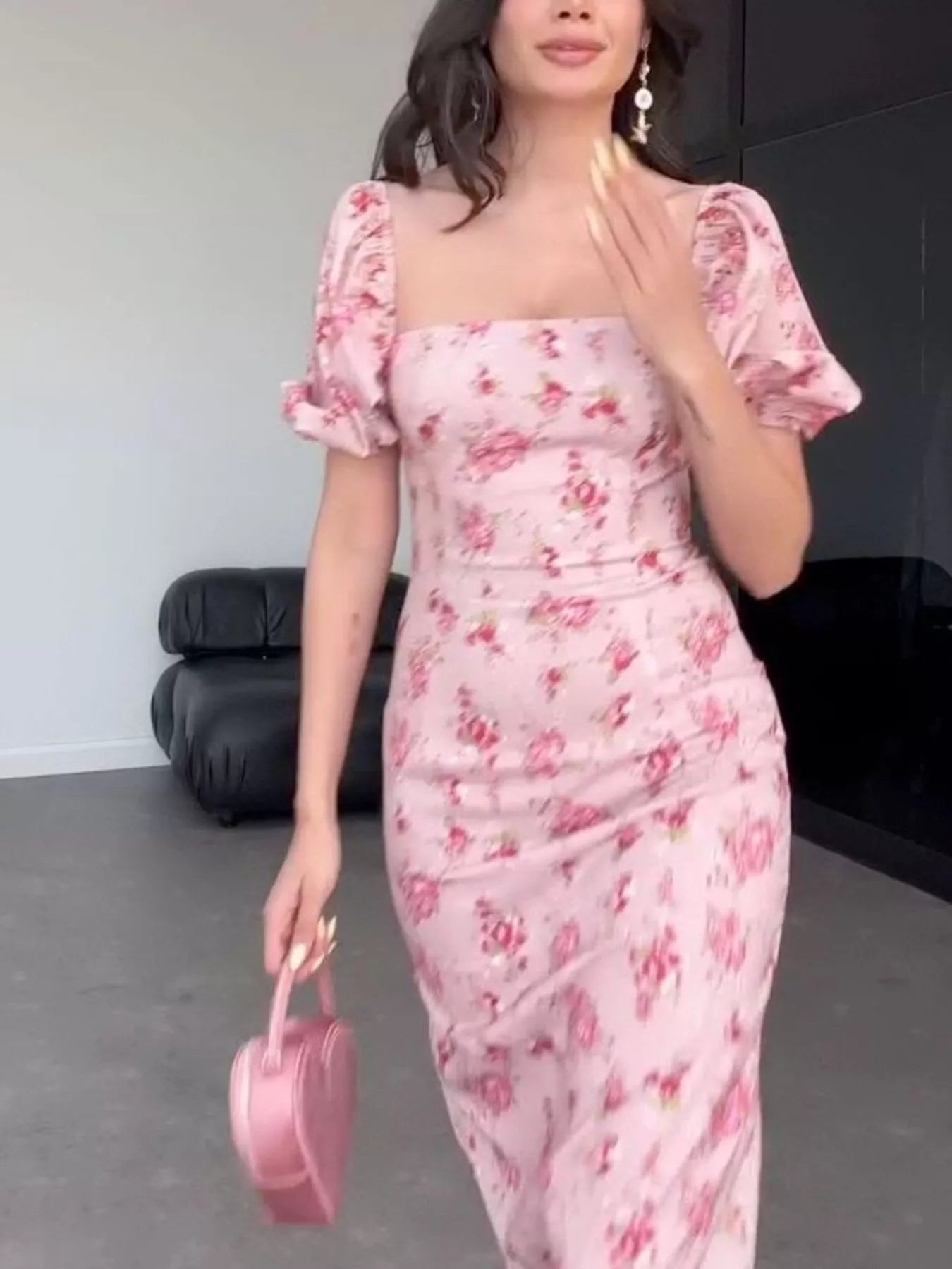 Floral Puff Sleeve Midi Dress in Dusty Pink