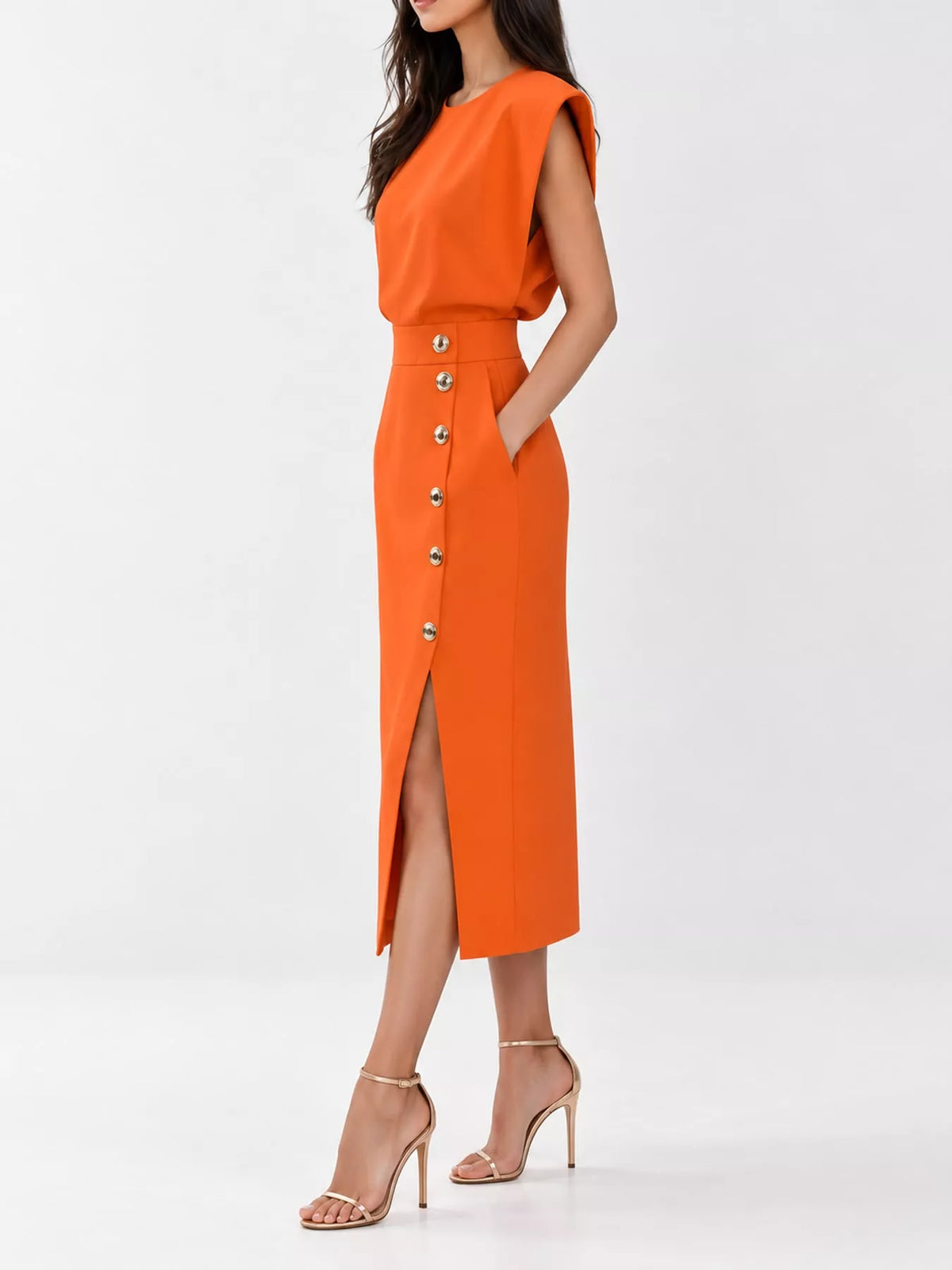 Sleeveless Midi Dress with Gold Button Detail