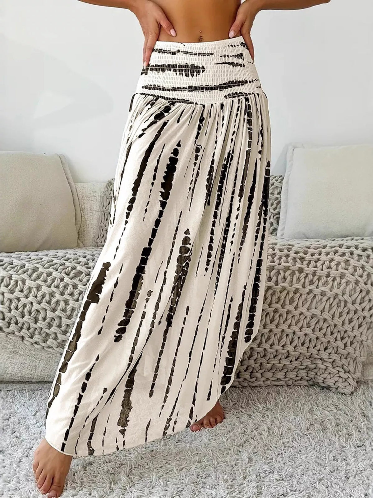 Smocked Asymmetrical Hem Skirt in Beige