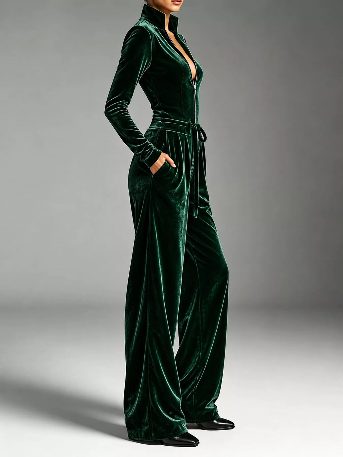 Velvet Zip-Up Jumpsuit with Tie Waist