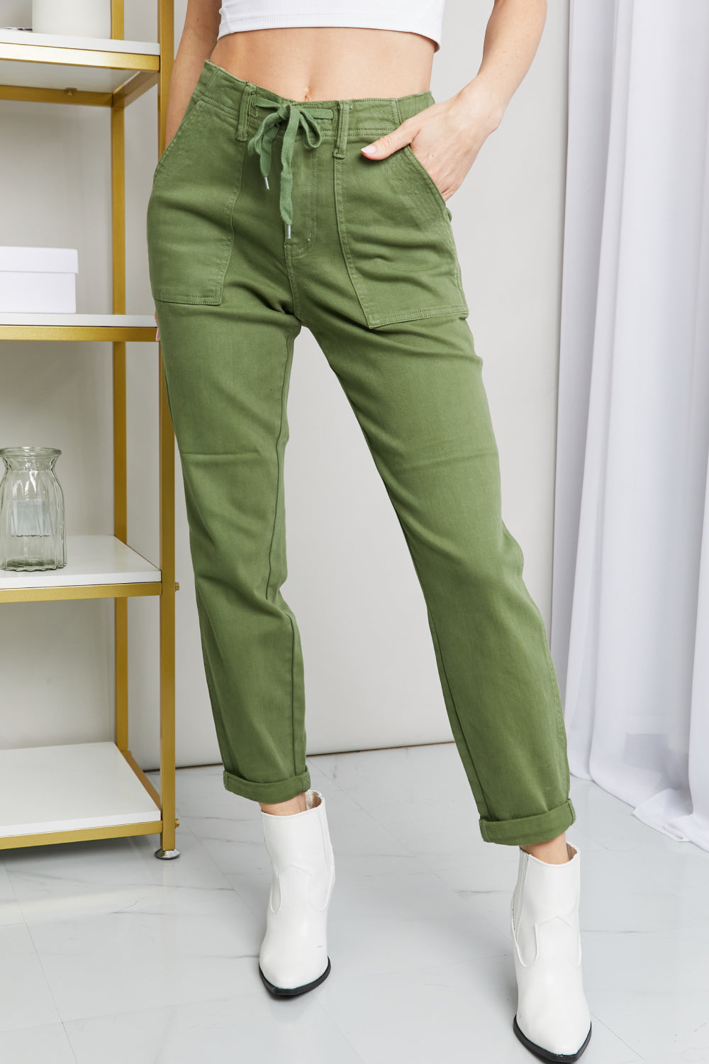 Judy Blue Drawstring Waist Pocket Jeans in Olive
