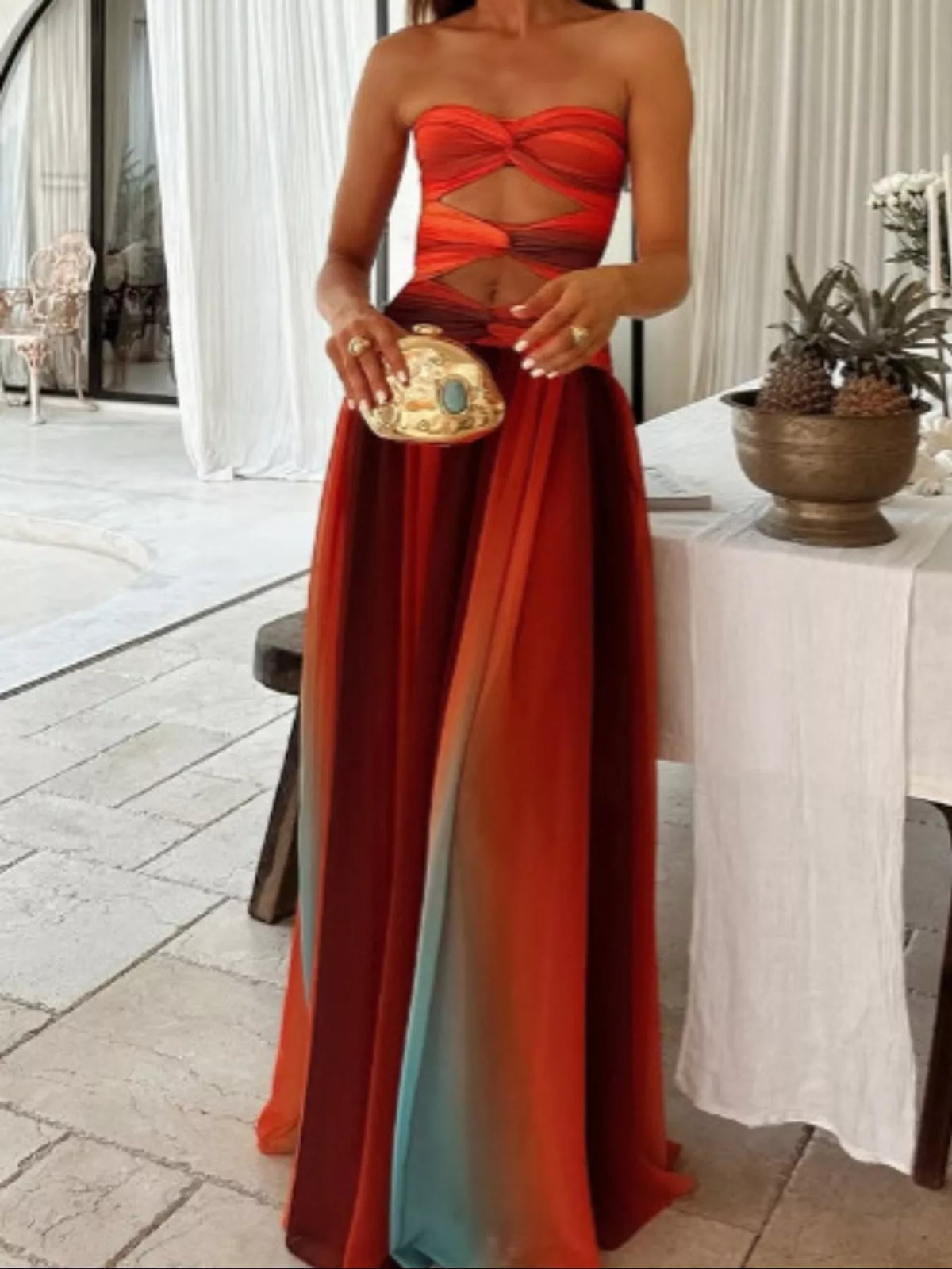 Strapless Cutout Maxi Dress in Orange-Red