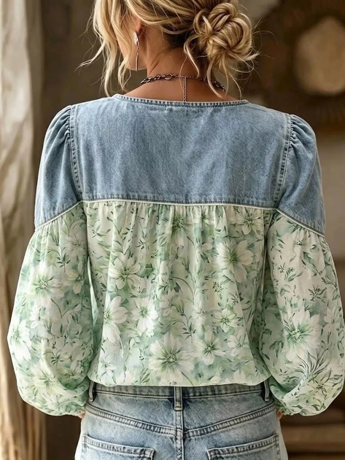 Denim Patchwork Floral Button-Up Top