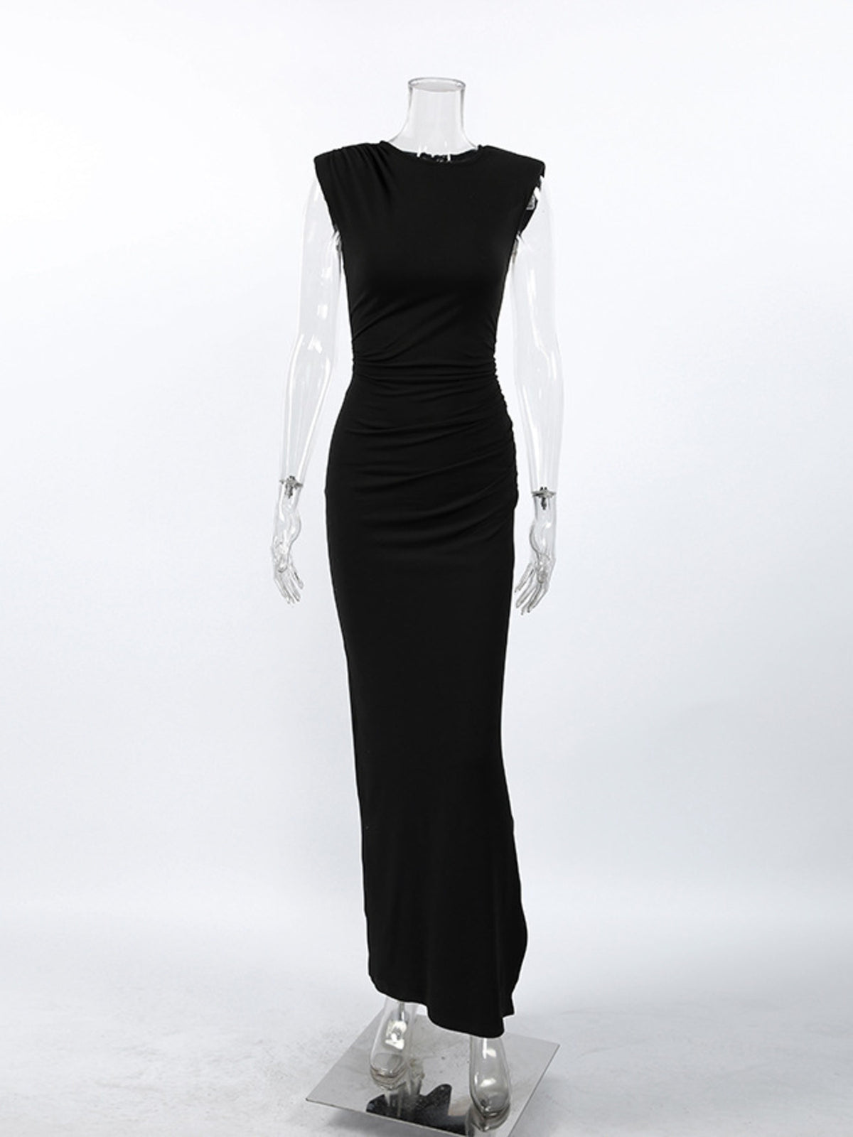 Ruched Split Maxi Dress in Black