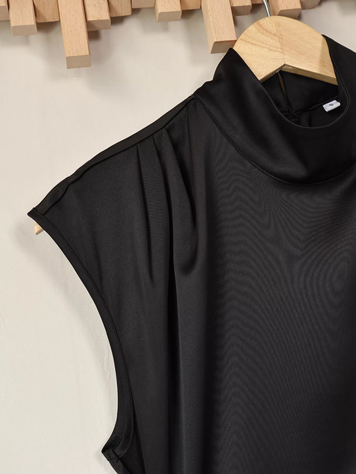 Satin Mock Neck Sleeveless Mini Dress with Lace Hem in Black