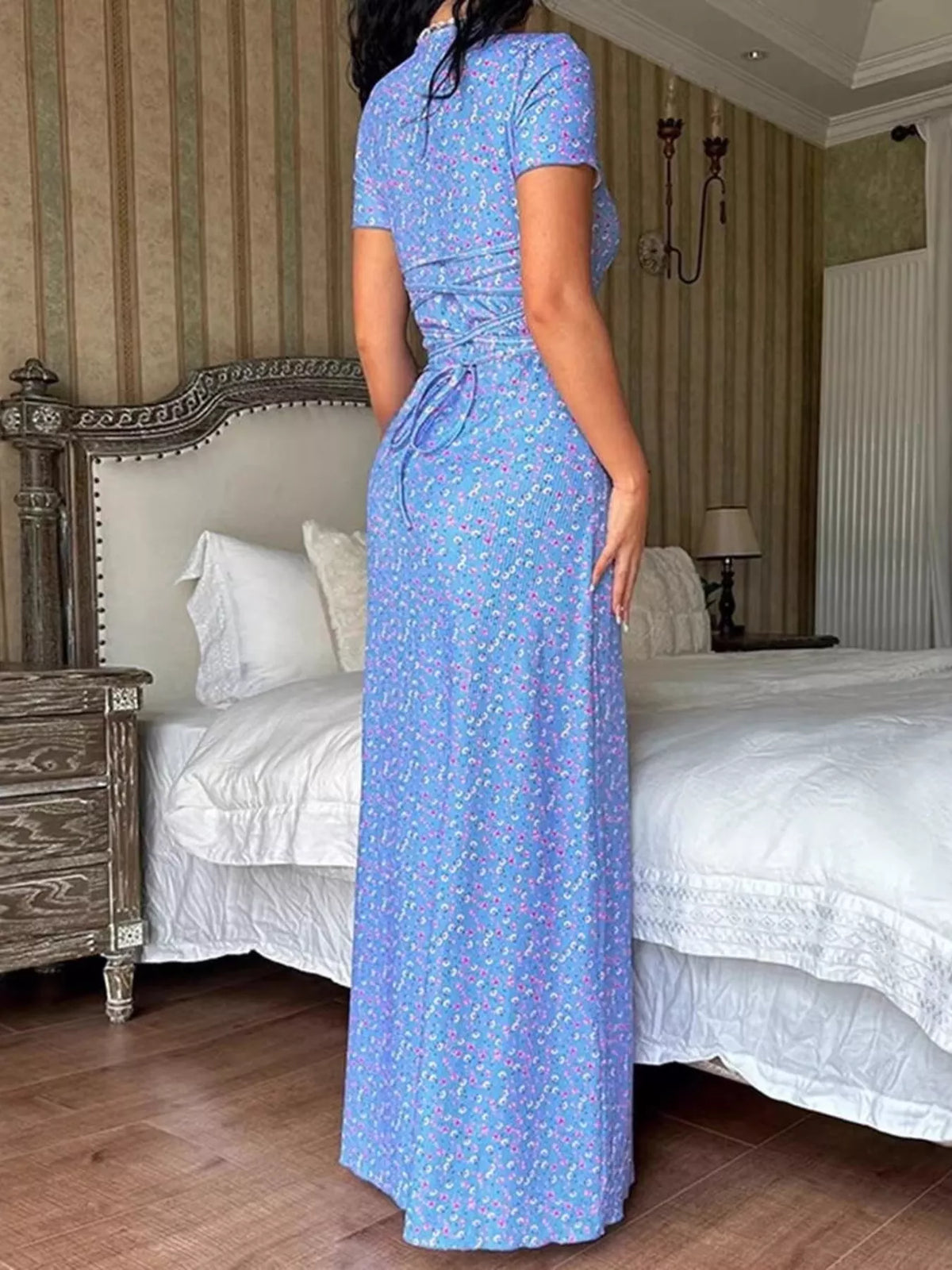 Floral Print Short Sleeve Maxi Dress