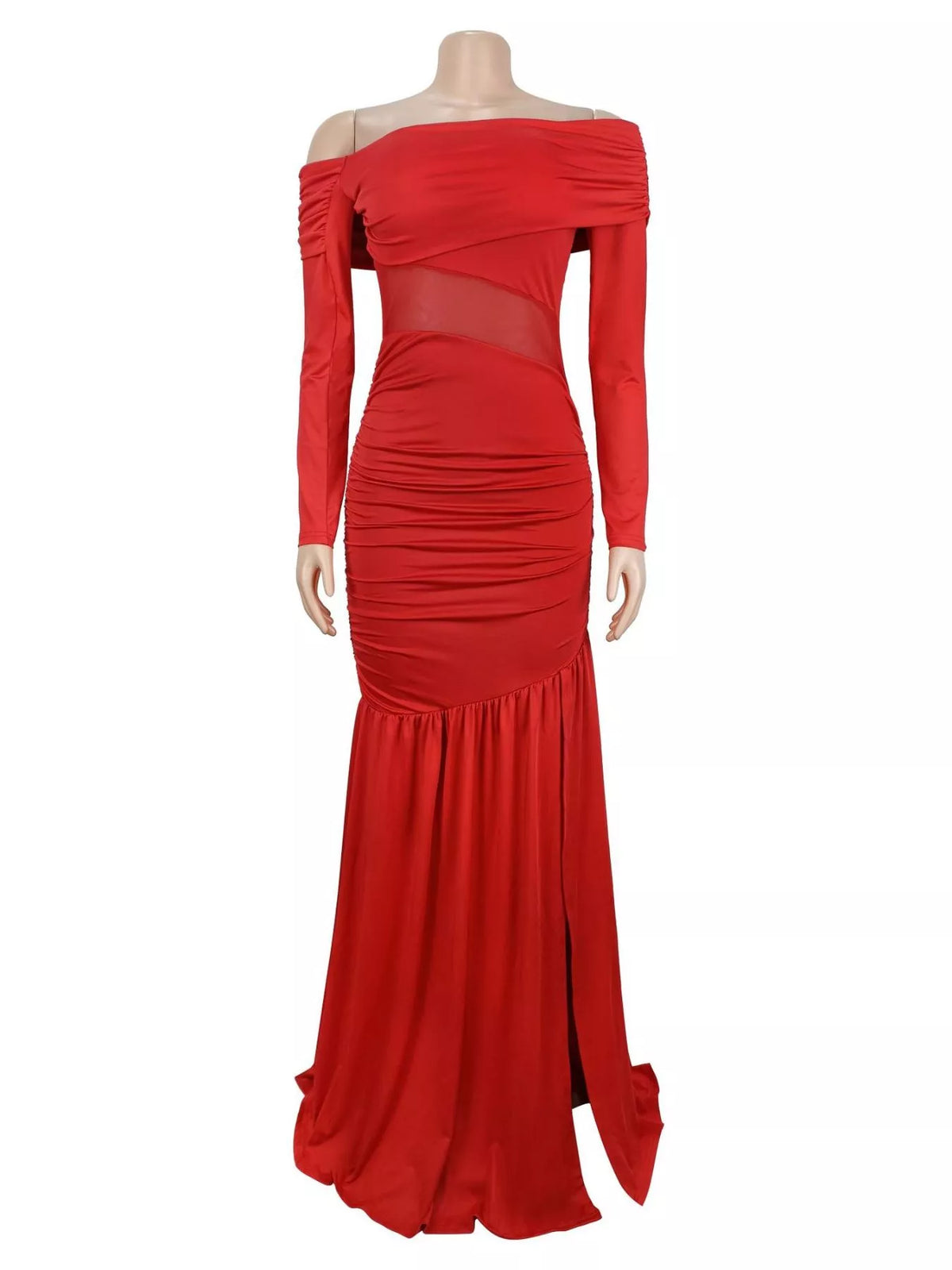 Off-Shoulder Sheer Mesh Maxi Dress with Slit