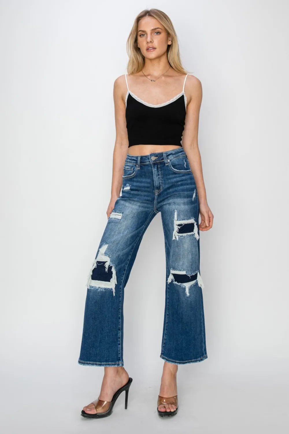 Risen High Rise Patch Detail Wide Leg Crop Jeans in Medium Wash