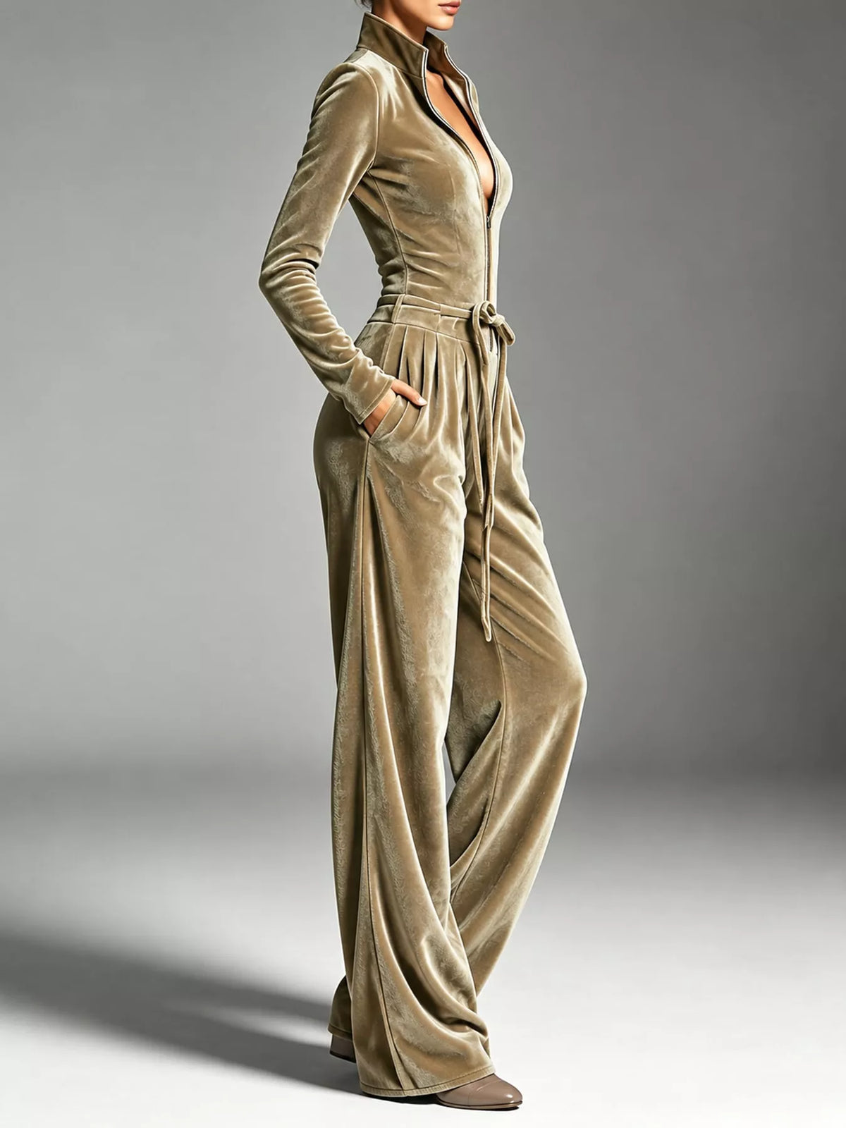 Velvet Zip-Up Jumpsuit with Tie Waist