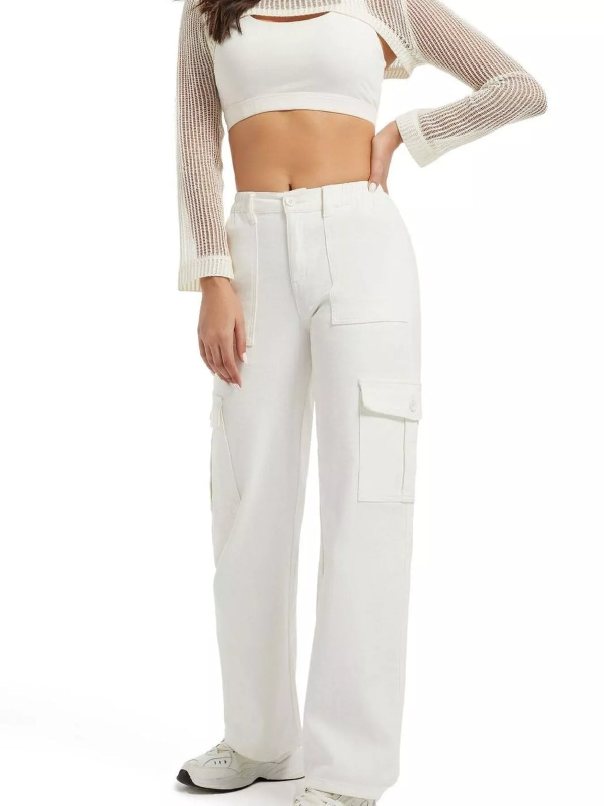 High-Waisted Cargo Jeans with Contrast Stitching