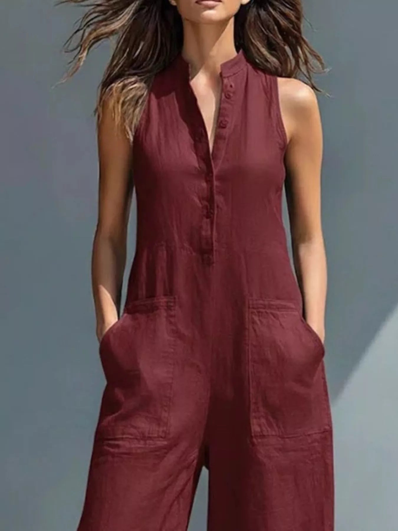 Button Front Sleeveless Jumpsuit