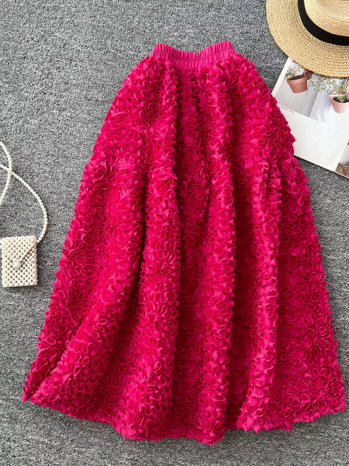 3D Lace Trim High-Waist A-Line Midi Skirt