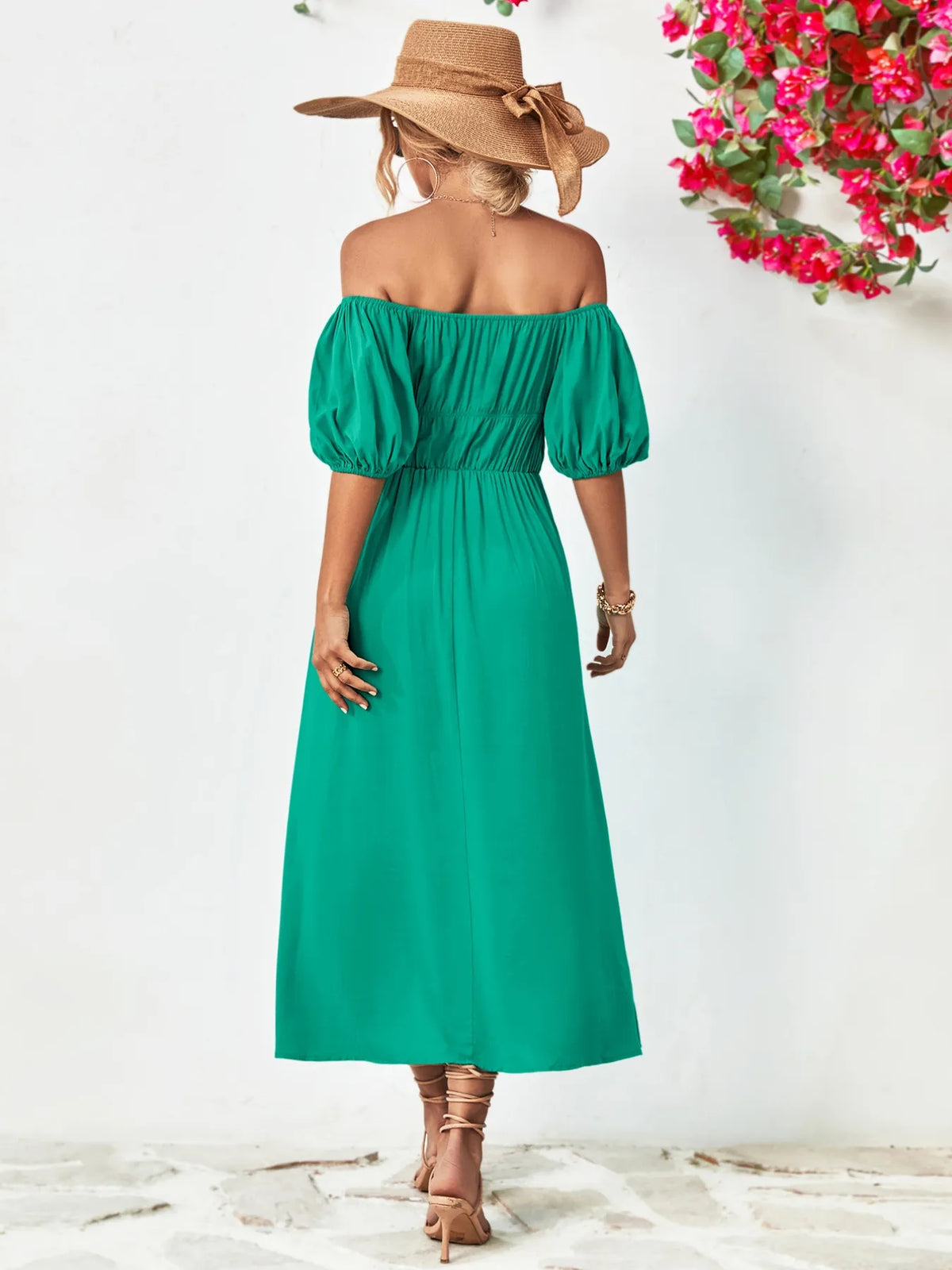 Off-Shoulder Puff-Sleeve Smocked Maxi Dress