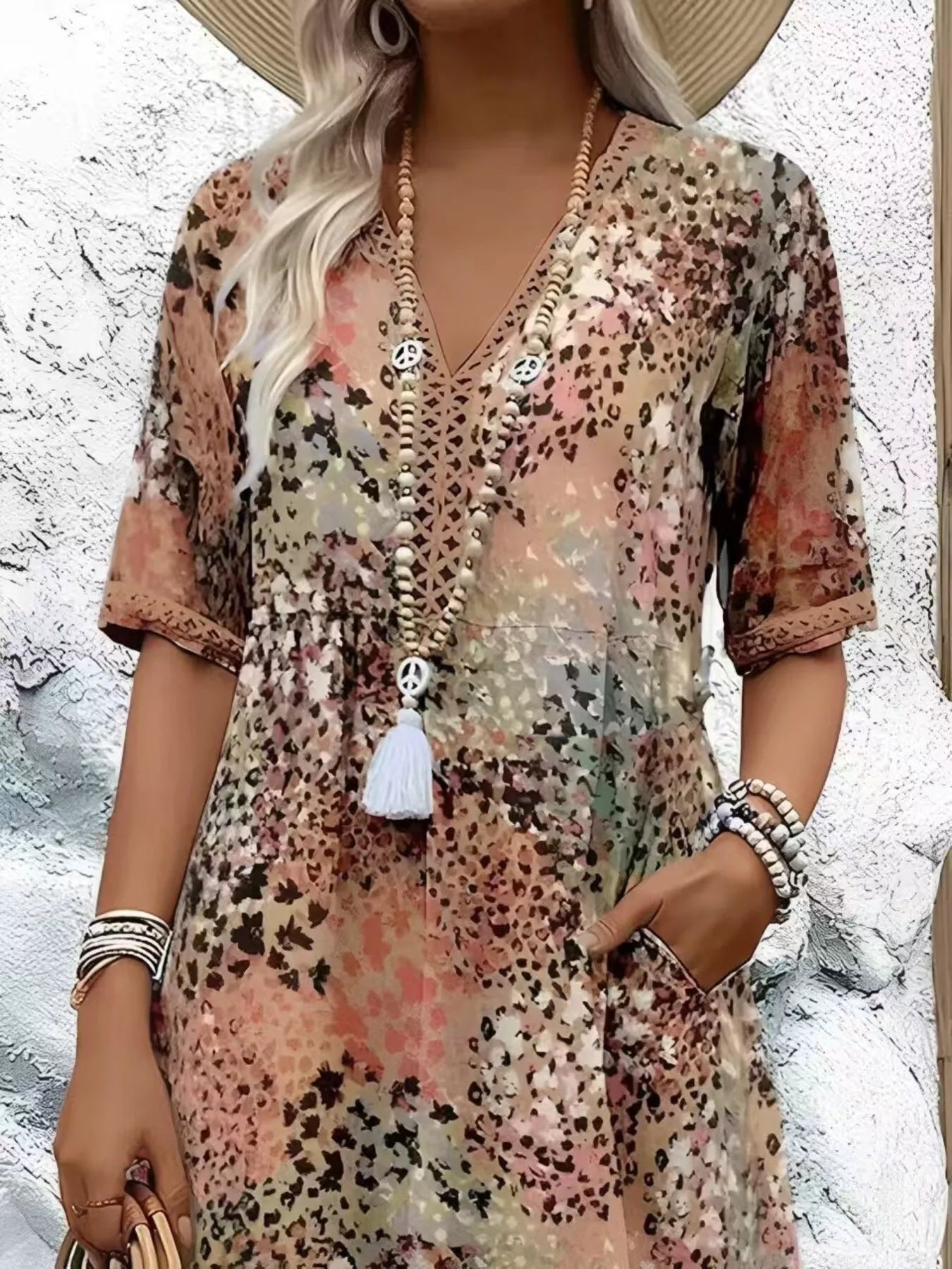 Printed V-Neck Half Sleeve Dress