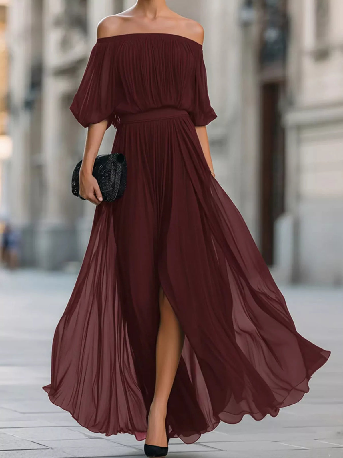 Off-Shoulder Ruched Chiffon Maxi Dress