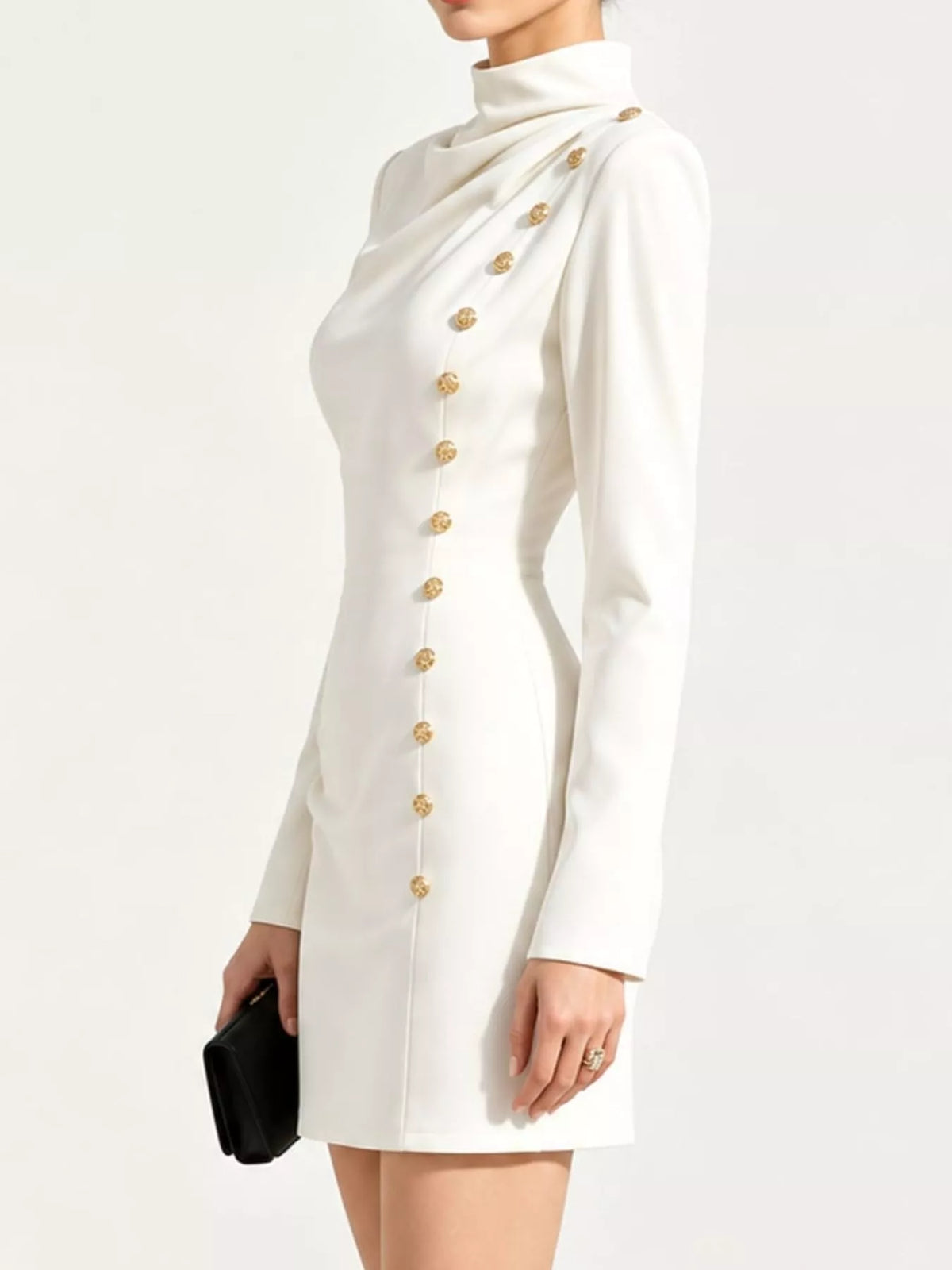 Decorative Button Mock Neck Mini Dress
