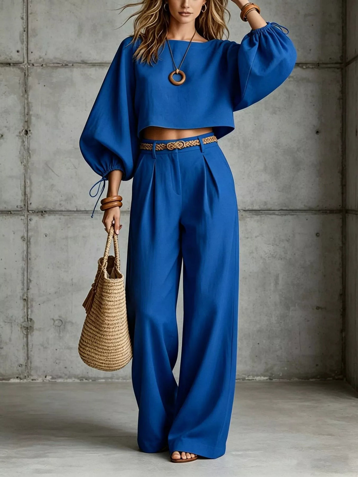 Balloon Sleeve Crop Top and Wide-Leg Pants Set