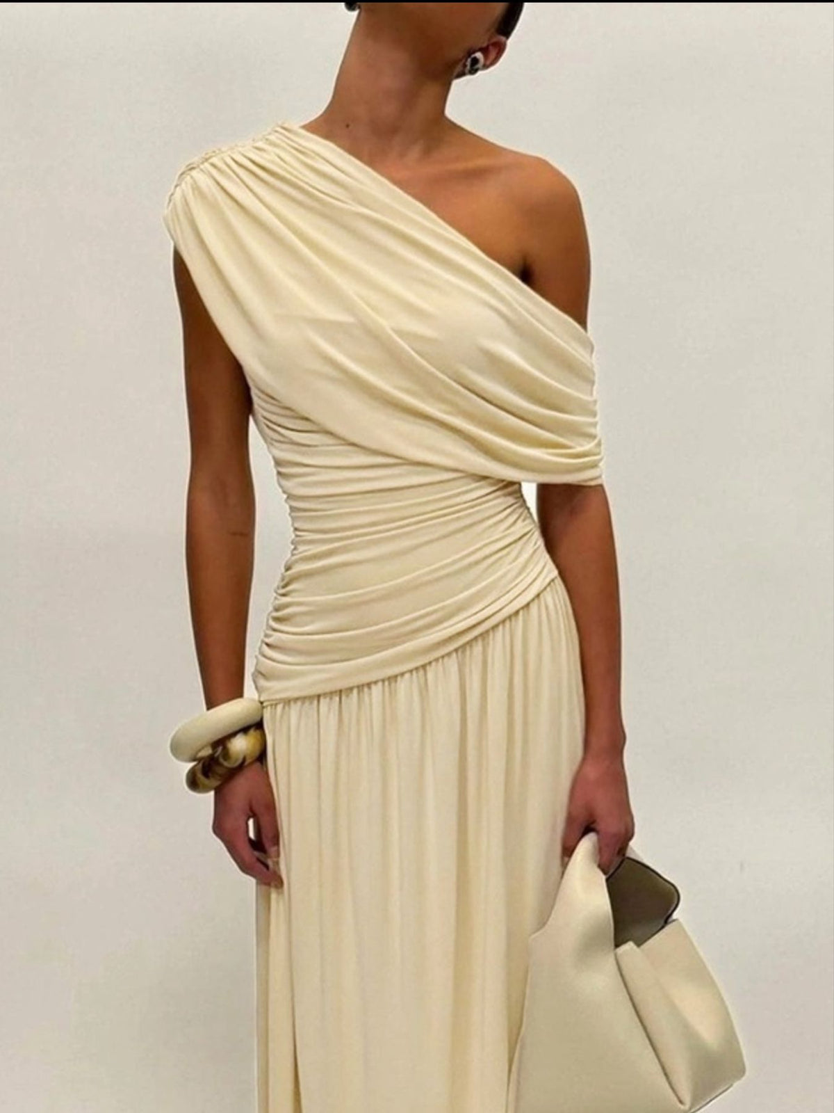 One-Shoulder Ruched Maxi Dress in Beige