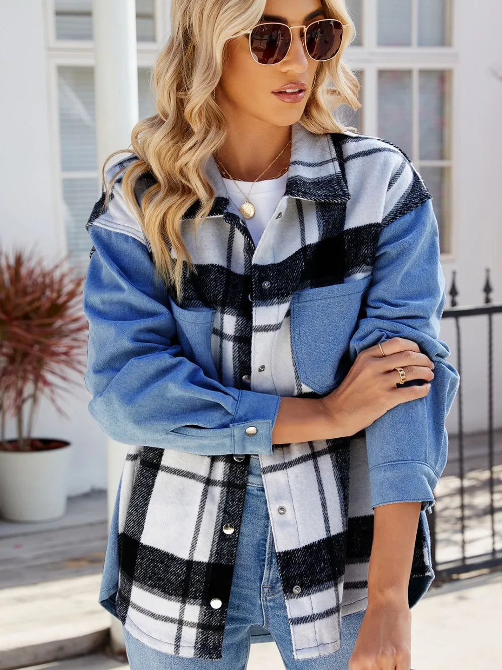 Plaid Snap-Down Denim Jacket in Dusty Blue by Manny