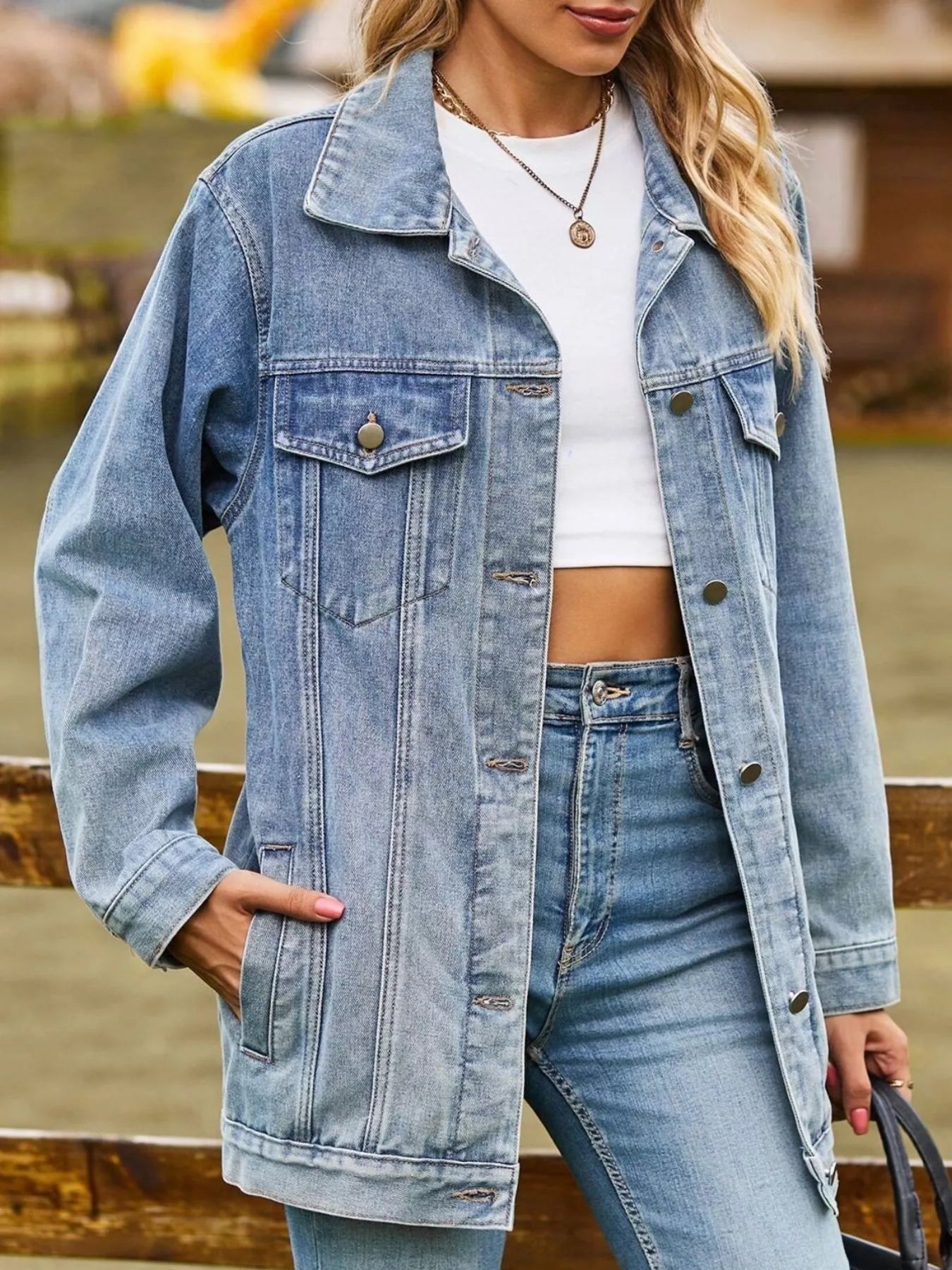 Button-Down Washed Denim Jacket in Hot Pink by Moni Wear