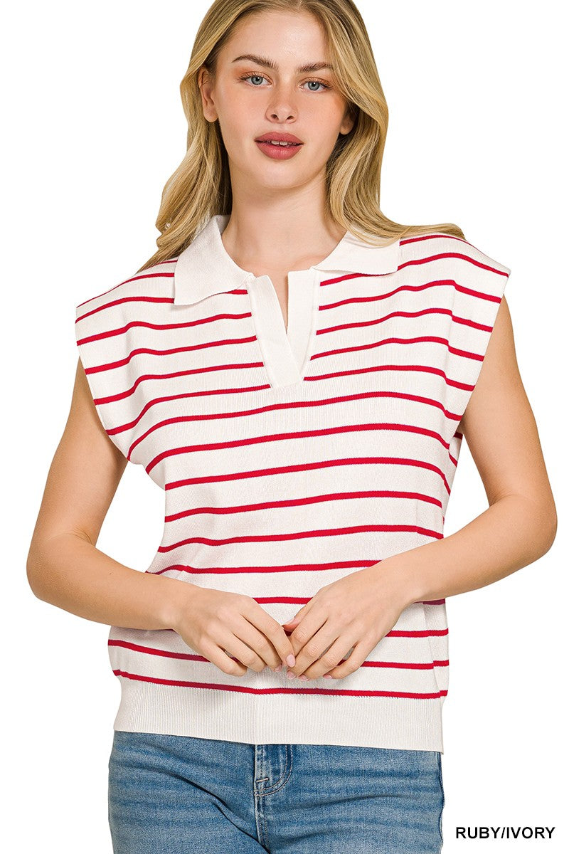 Zenana Striped Collared Sweater Vest in Ruby & Ivory in Ruby/ivory