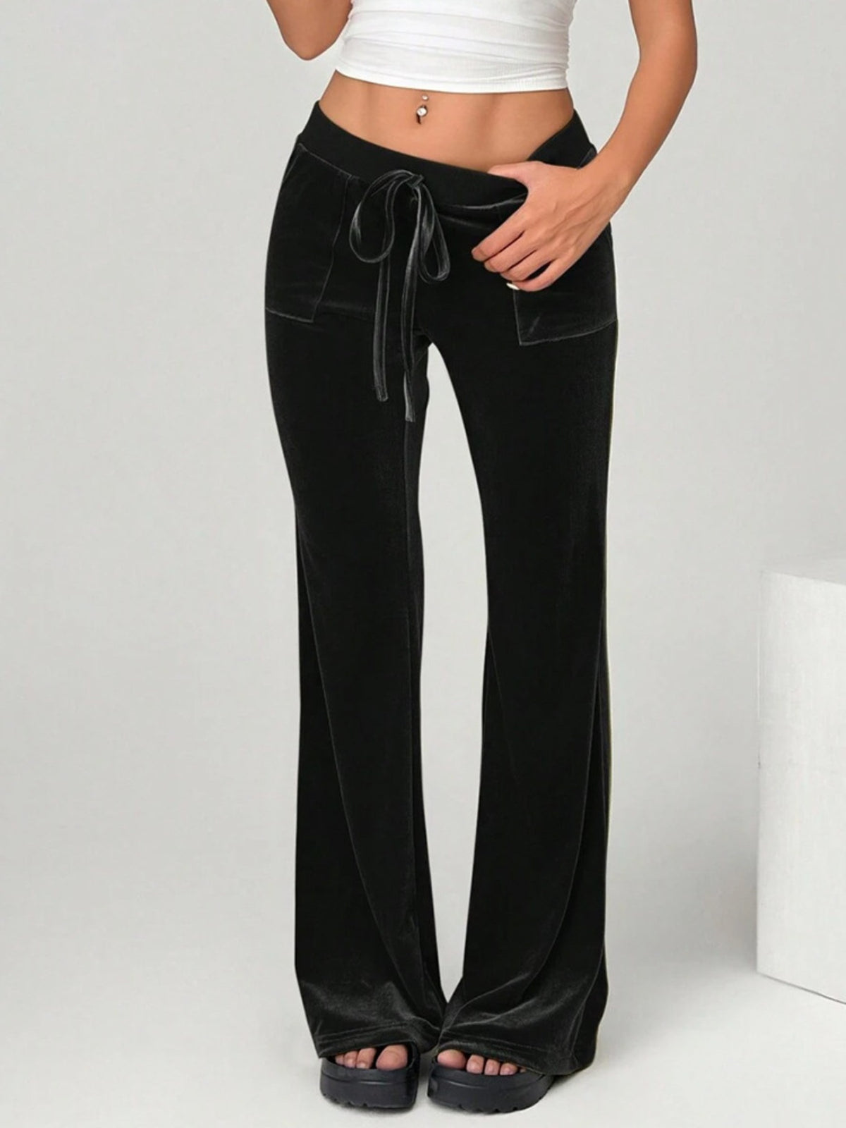 Velvet Flare Pants with Drawstring Waist