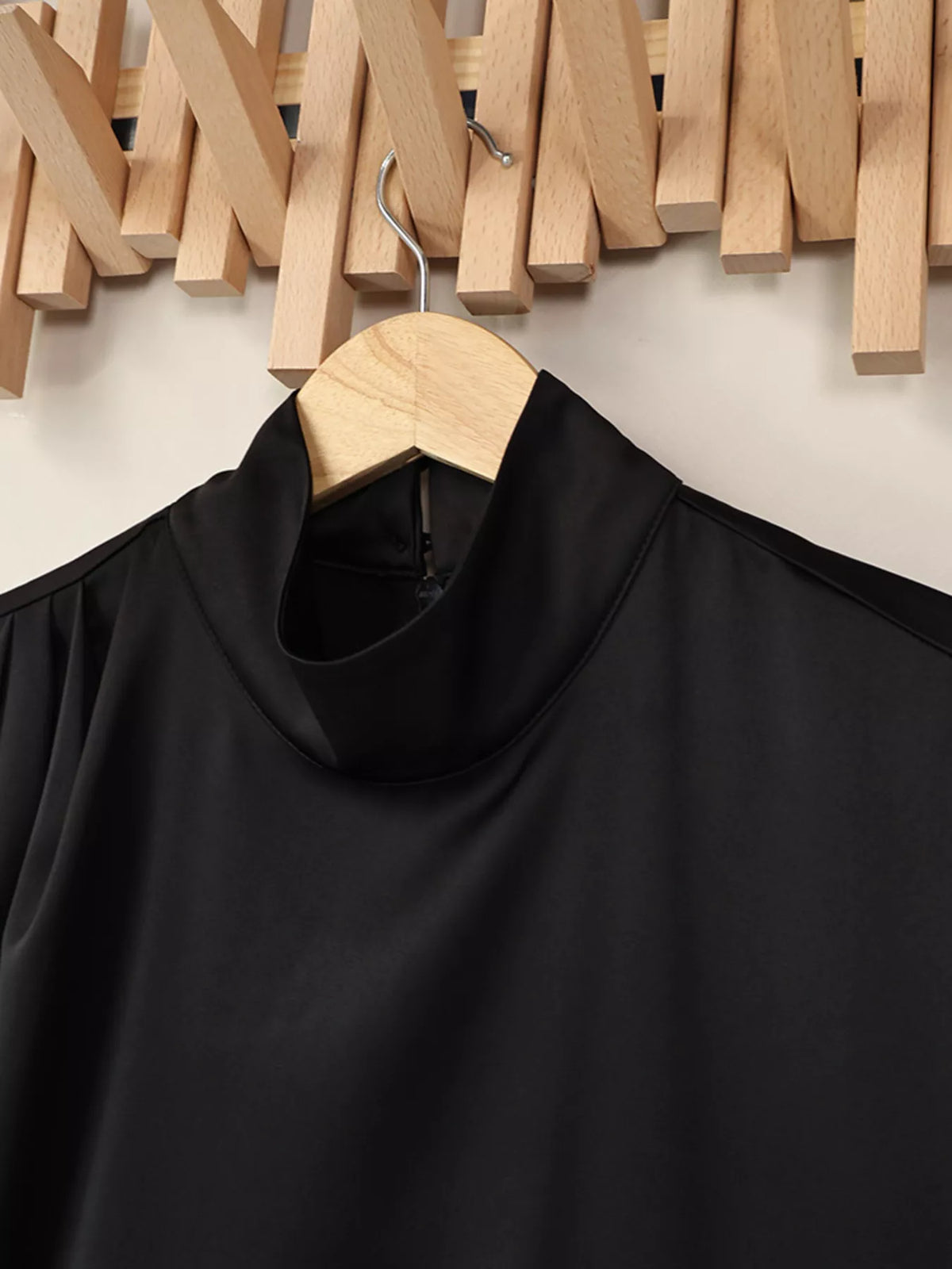 Satin Mock Neck Sleeveless Mini Dress with Lace Hem in Black