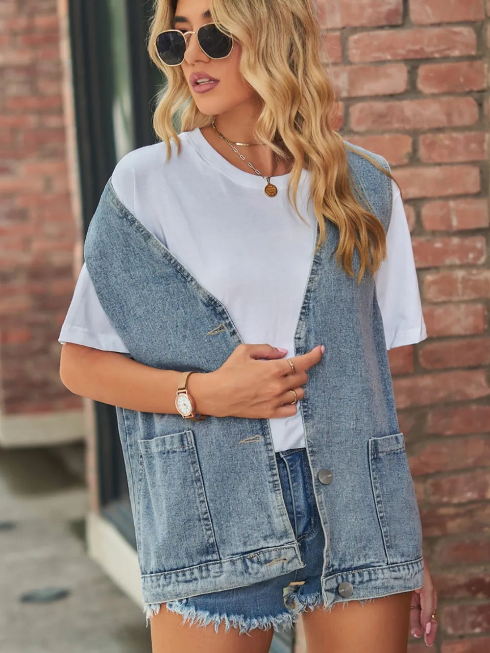 V-Neck Button-Up Denim Vest in Medium by Moni Wear