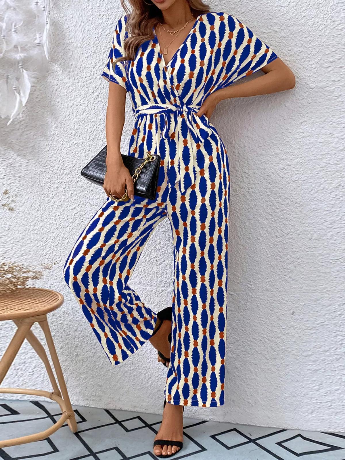 Surplice Tie Waist Short Sleeve Jumpsuit