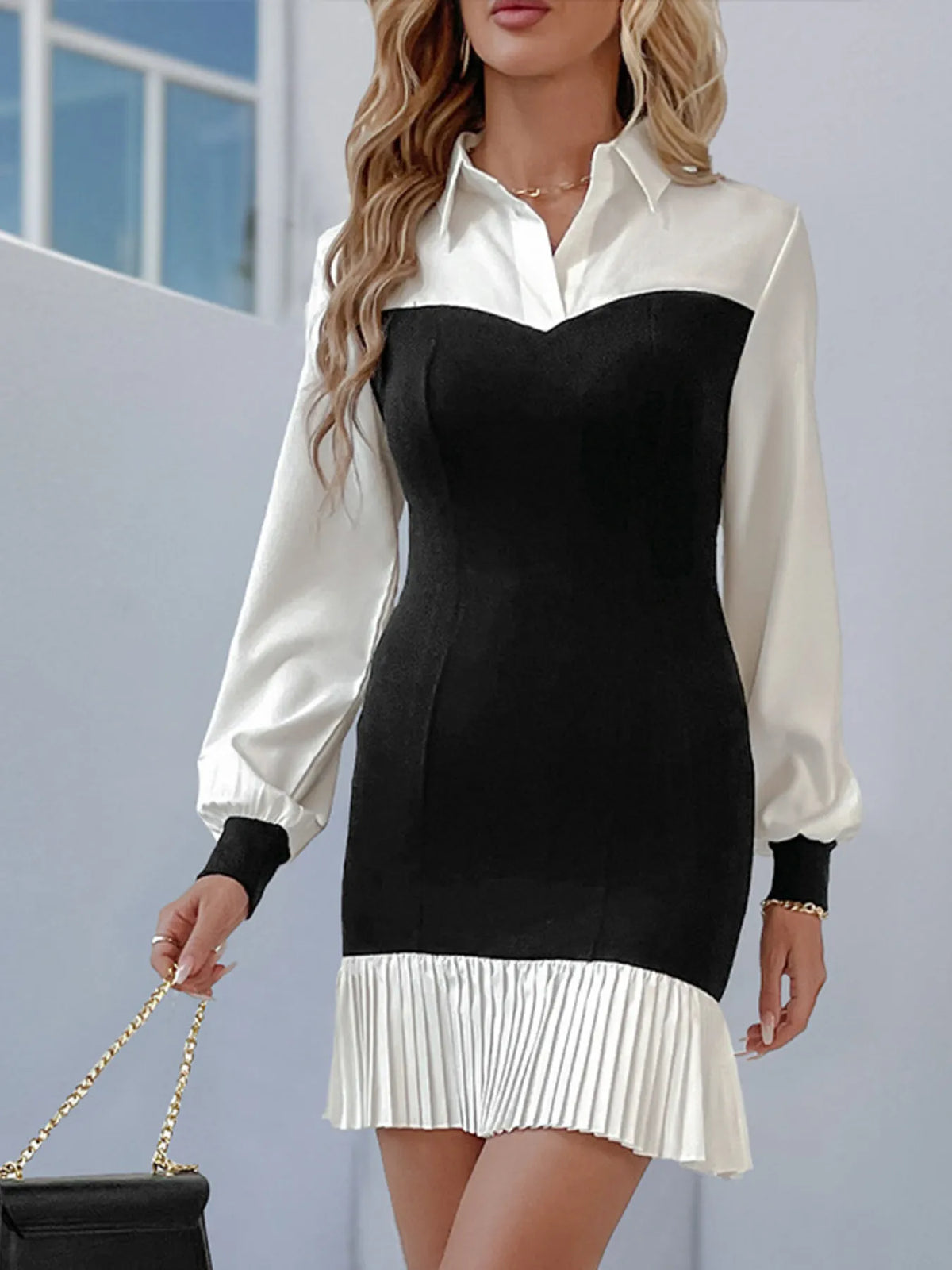 Two-Tone Pleated Shirt Dress in Black and White in Black White