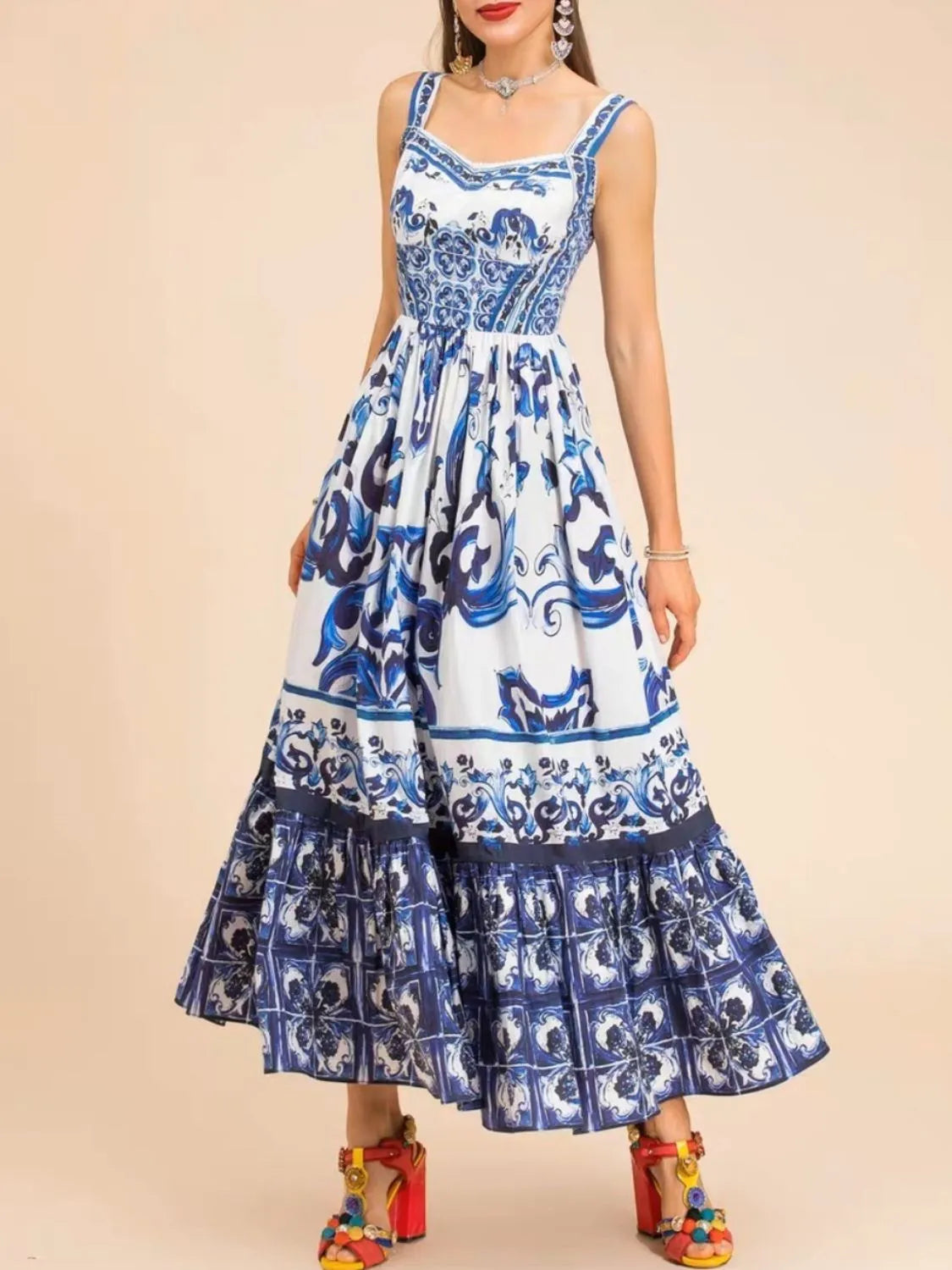 Smocked Ruched Wide-Strap Dress