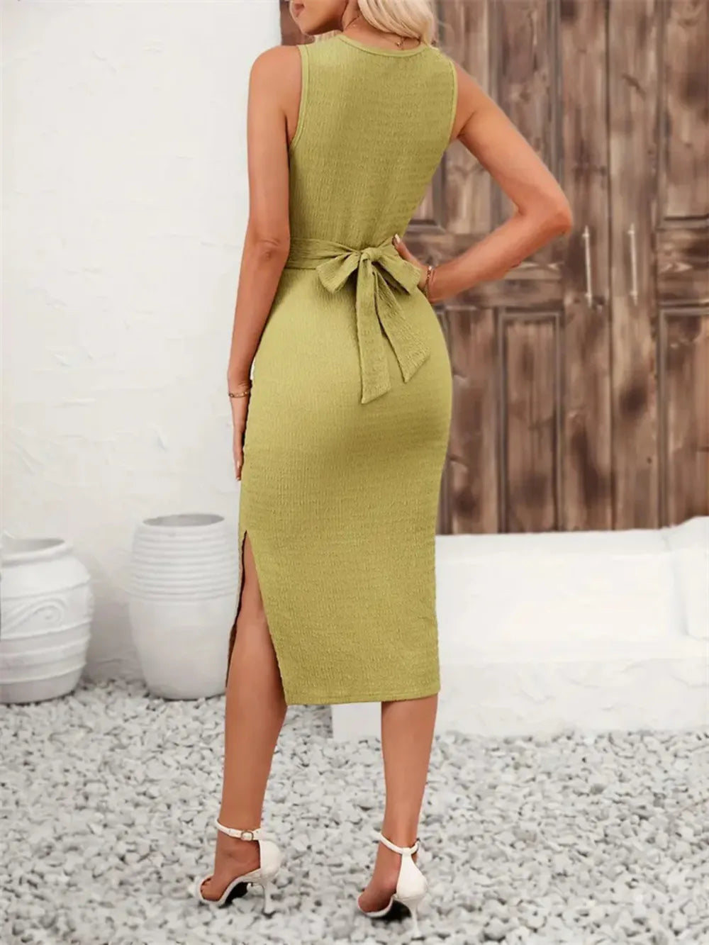 Back-Tie Slit Midi Dress in Chartreuse