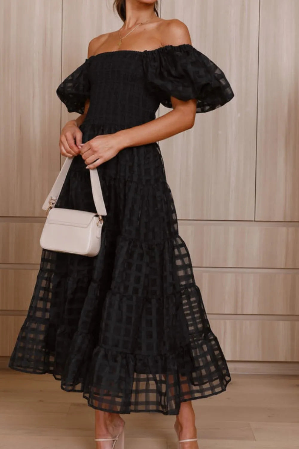 Off Shoulder Puff Sleeve Midi Dress