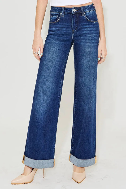 Risen High Rise Wide Leg Cuffed Jeans in Dark Wash