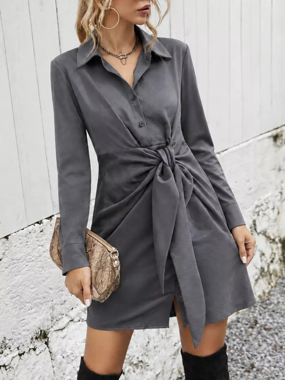 Front-Tie Shirt Dress in Dark Gray