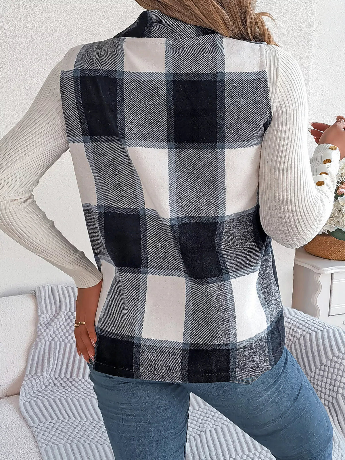 Plaid Open-Front Vest by Clise