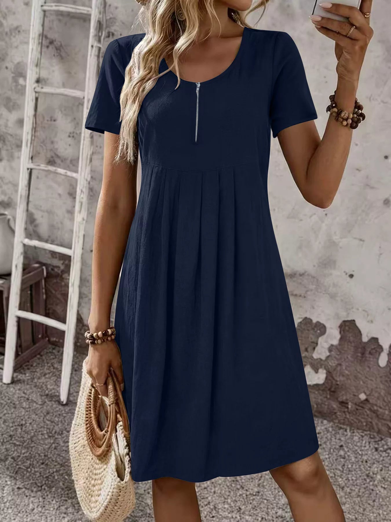 Zipper-Front Pleated A-Line Dress