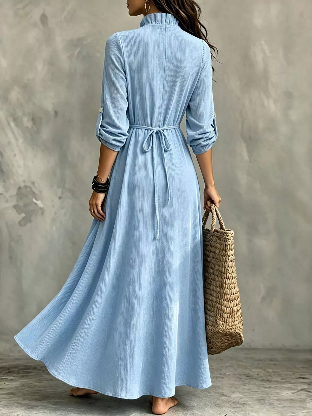 V-Neck Ruffled Maxi Dress with Roll-Up Sleeves