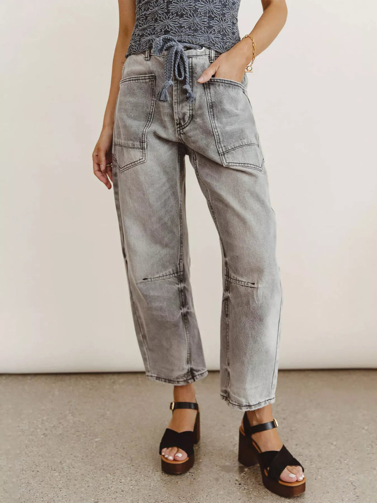 Drawstring Wide Leg Cropped Jeans by Dreamy Drapes