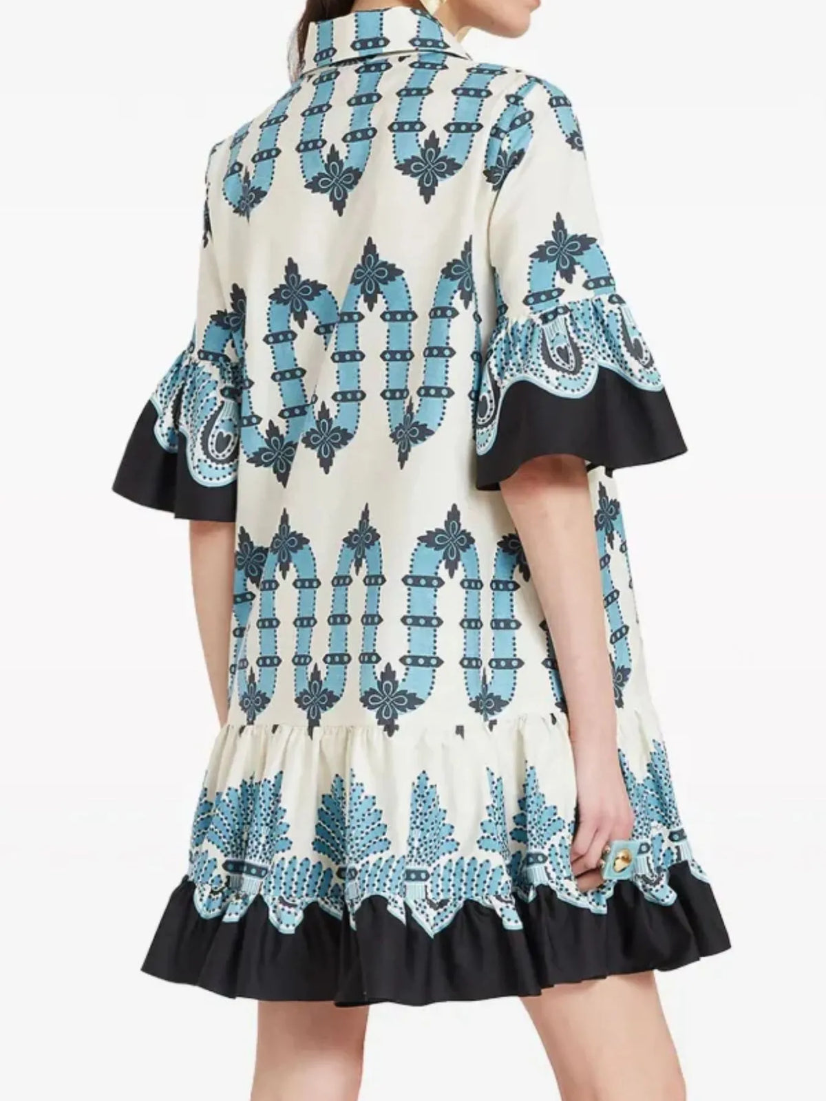 Buttoned Floral Ruffle-Sleeve Mini Dress by Rosaline