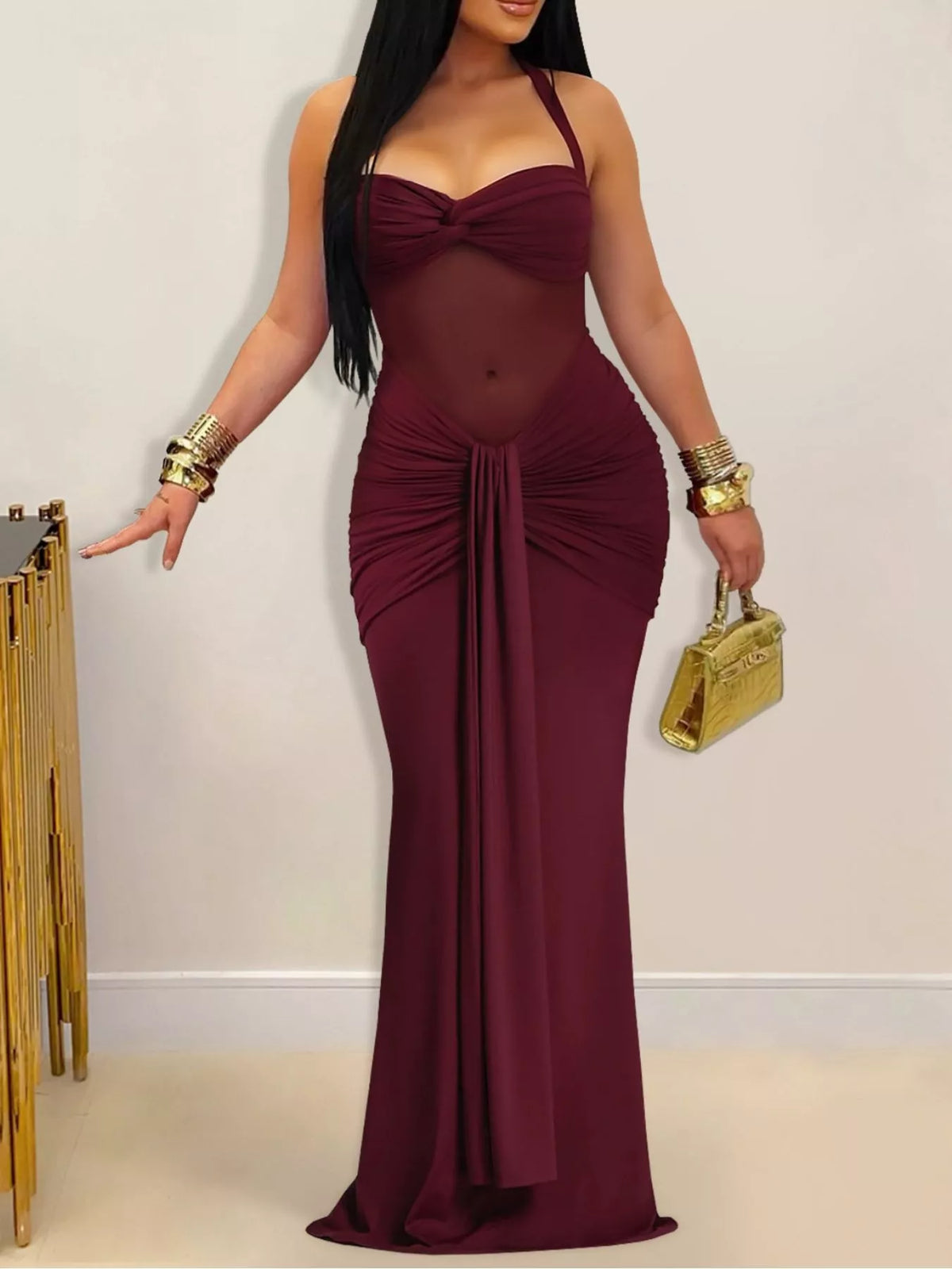 Twisted Front Ruched Bodycon Maxi Dress