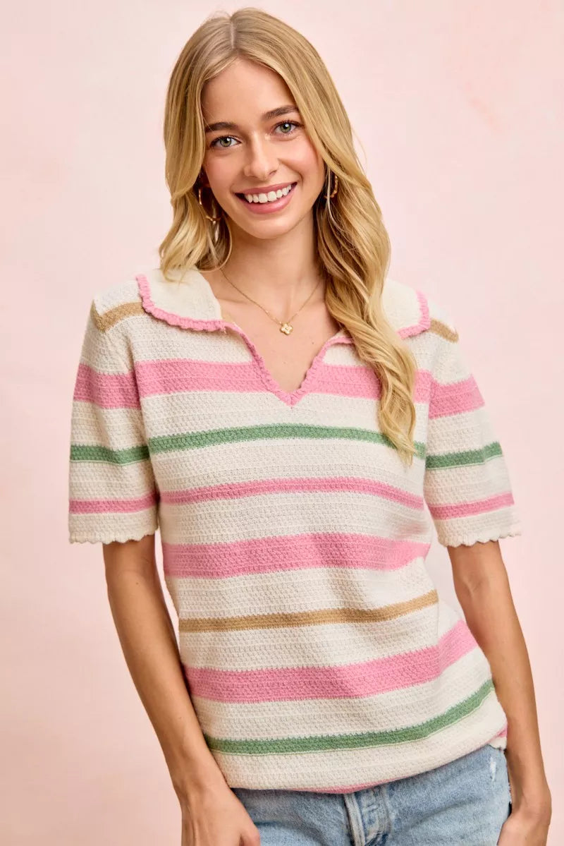 Striped Collared Knit Top in Cream/Pink by BiBi