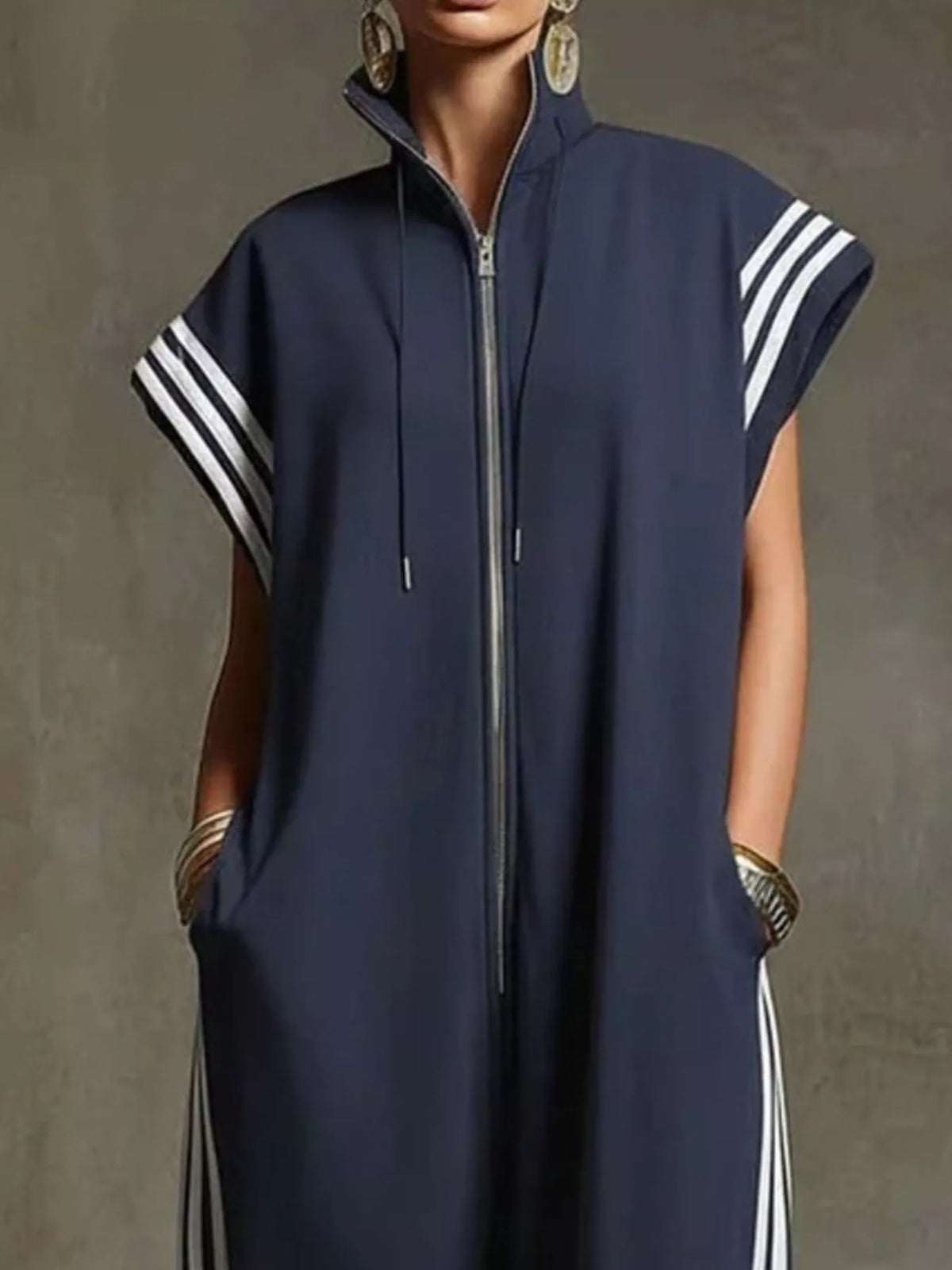 Side Stripe Zip-Front Wide-Leg Jumpsuit